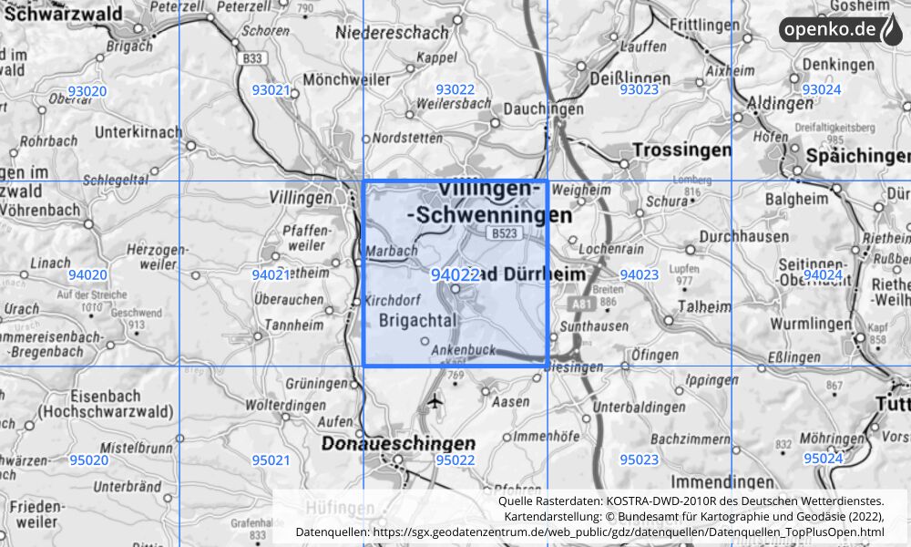 Übersichtskarte KOSTRA-DWD-2010R Rasterfeld Nr. 94022 mit angrenzenden Feldern