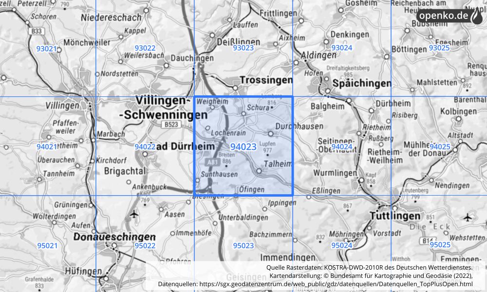 Übersichtskarte KOSTRA-DWD-2010R Rasterfeld Nr. 94023 mit angrenzenden Feldern