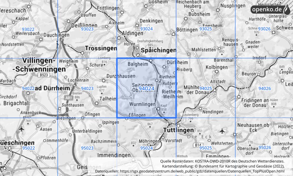 Übersichtskarte KOSTRA-DWD-2010R Rasterfeld Nr. 94024 mit angrenzenden Feldern