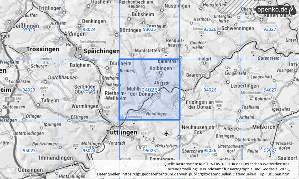 Übersichtskarte KOSTRA-DWD-2010R Rasterfeld Nr. 94025 mit angrenzenden Feldern