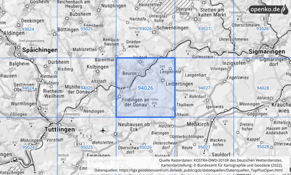 Übersichtskarte KOSTRA-DWD-2010R Rasterfeld Nr. 94026 mit angrenzenden Feldern