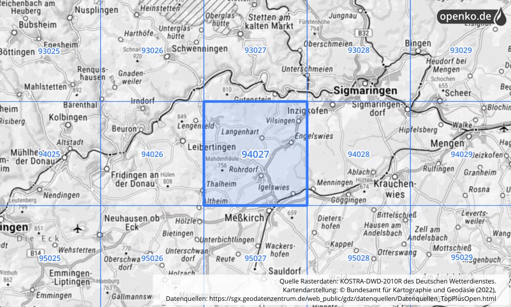 Übersichtskarte KOSTRA-DWD-2010R Rasterfeld Nr. 94027 mit angrenzenden Feldern