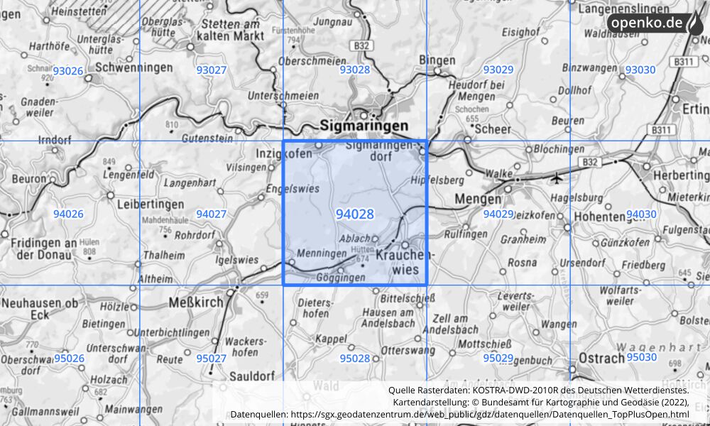 Übersichtskarte KOSTRA-DWD-2010R Rasterfeld Nr. 94028 mit angrenzenden Feldern