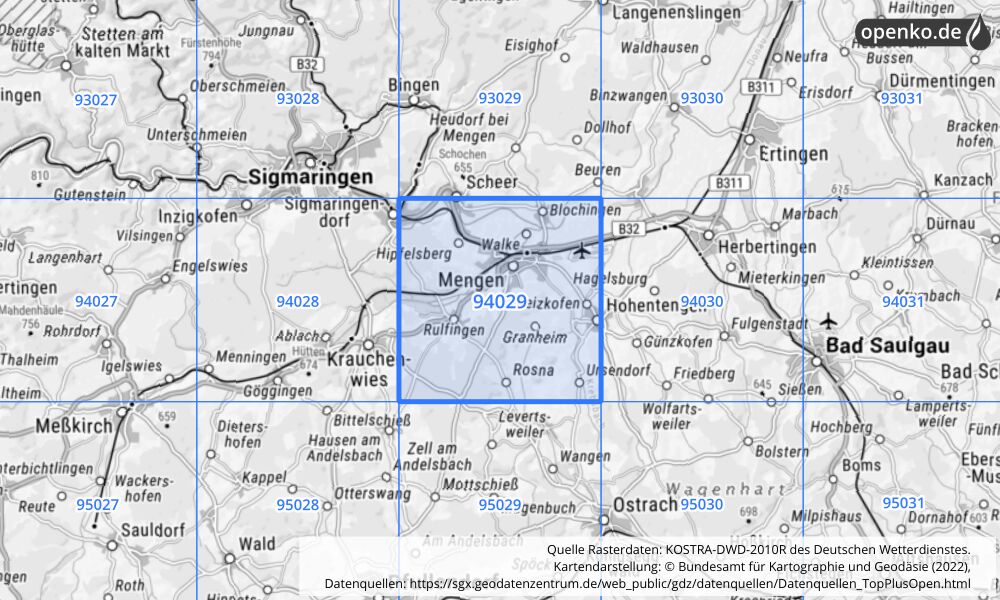 Übersichtskarte KOSTRA-DWD-2010R Rasterfeld Nr. 94029 mit angrenzenden Feldern