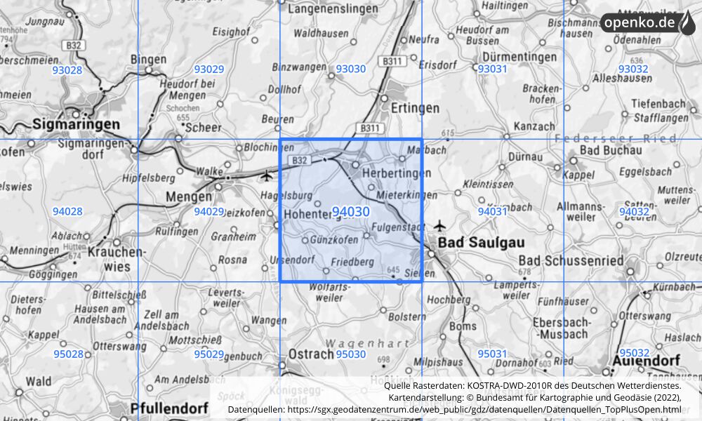 Übersichtskarte KOSTRA-DWD-2010R Rasterfeld Nr. 94030 mit angrenzenden Feldern