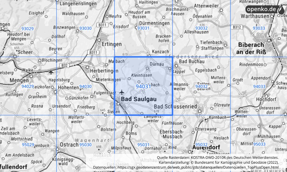 Übersichtskarte KOSTRA-DWD-2010R Rasterfeld Nr. 94031 mit angrenzenden Feldern