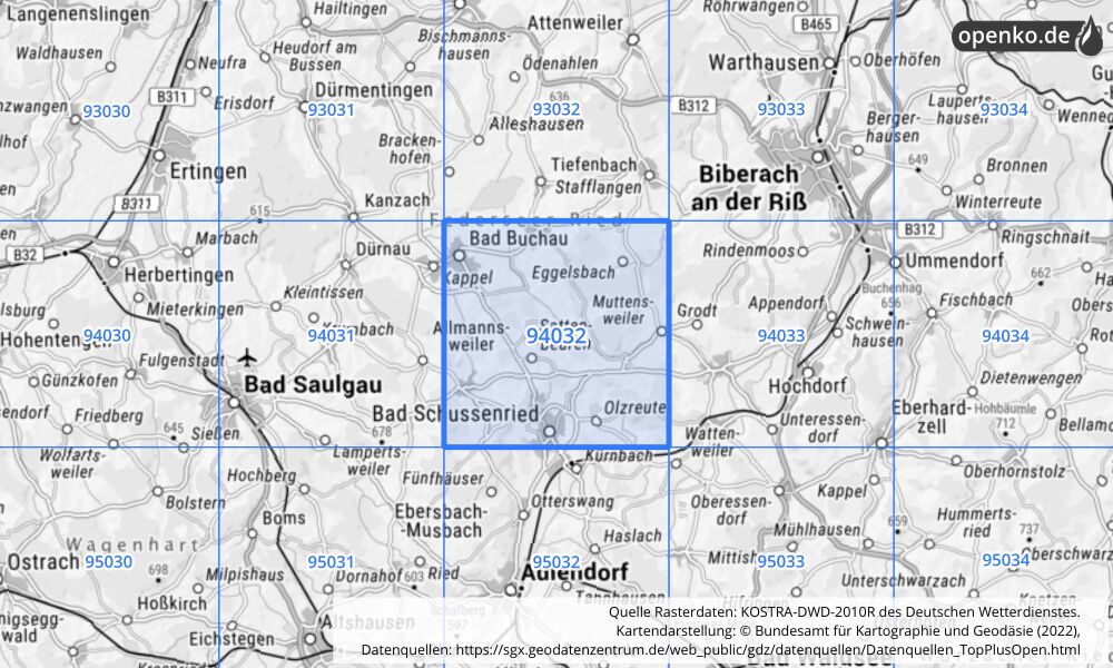 Übersichtskarte KOSTRA-DWD-2010R Rasterfeld Nr. 94032 mit angrenzenden Feldern