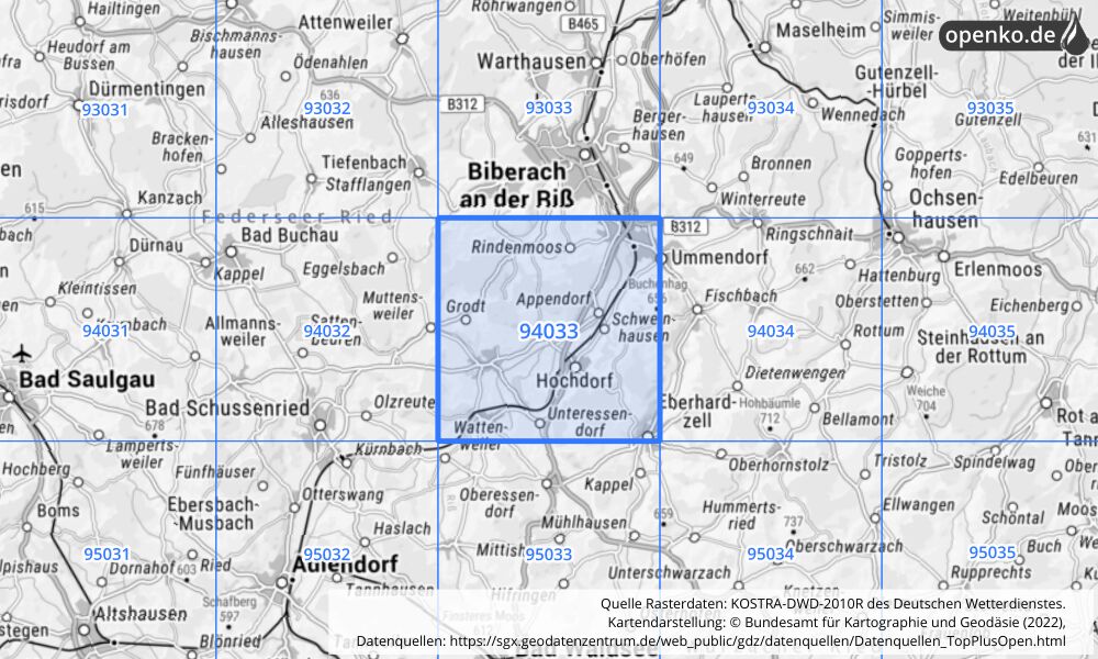 Übersichtskarte KOSTRA-DWD-2010R Rasterfeld Nr. 94033 mit angrenzenden Feldern