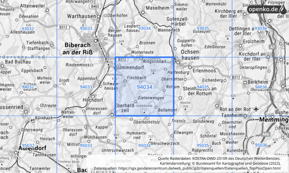 Übersichtskarte KOSTRA-DWD-2010R Rasterfeld Nr. 94034 mit angrenzenden Feldern