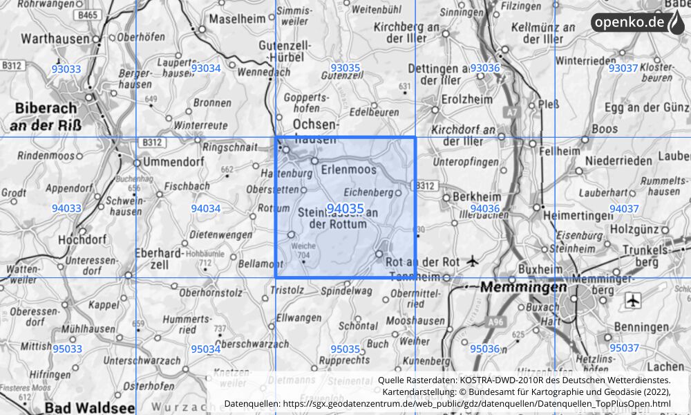 Übersichtskarte KOSTRA-DWD-2010R Rasterfeld Nr. 94035 mit angrenzenden Feldern