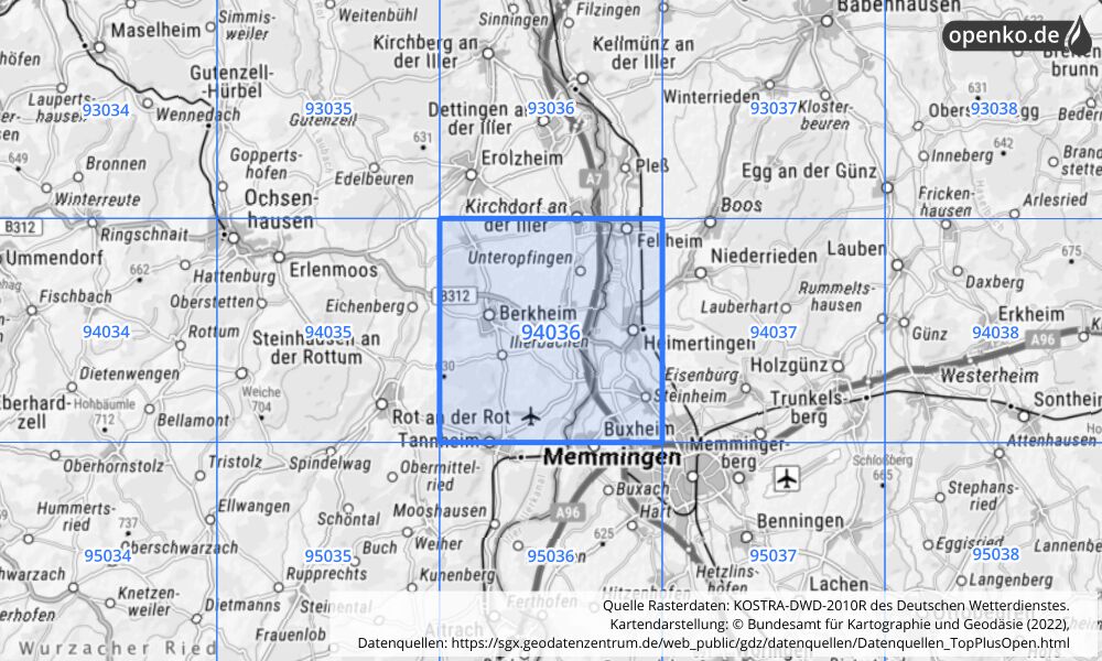 Übersichtskarte KOSTRA-DWD-2010R Rasterfeld Nr. 94036 mit angrenzenden Feldern