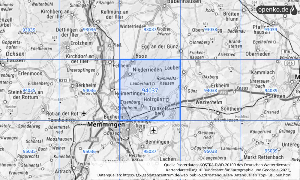 Übersichtskarte KOSTRA-DWD-2010R Rasterfeld Nr. 94037 mit angrenzenden Feldern