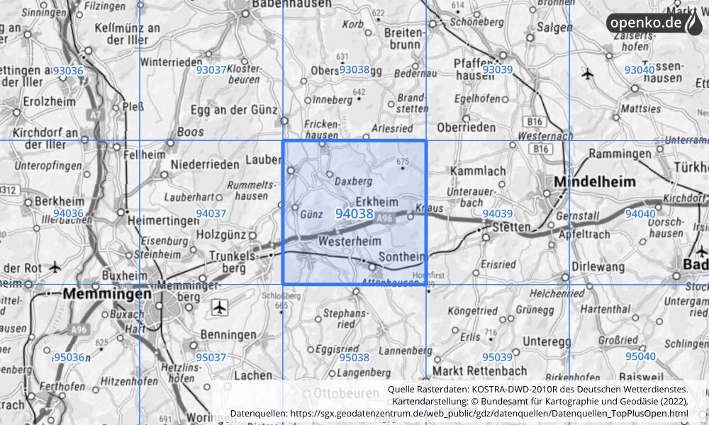 Übersichtskarte KOSTRA-DWD-2010R Rasterfeld Nr. 94038 mit angrenzenden Feldern