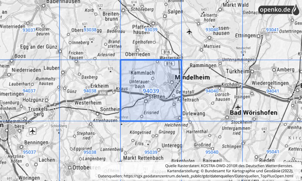 Übersichtskarte KOSTRA-DWD-2010R Rasterfeld Nr. 94039 mit angrenzenden Feldern