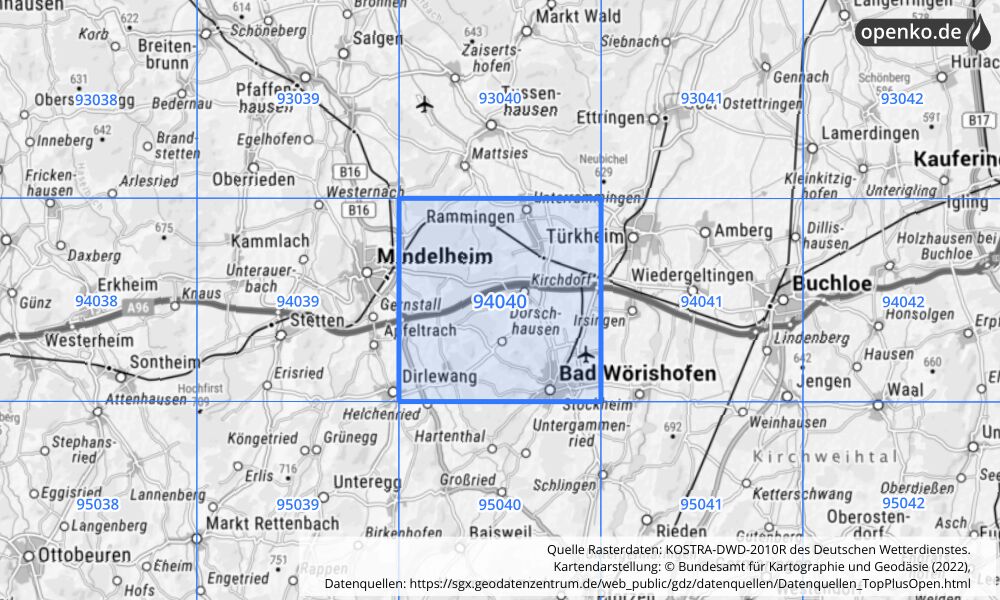 Übersichtskarte KOSTRA-DWD-2010R Rasterfeld Nr. 94040 mit angrenzenden Feldern