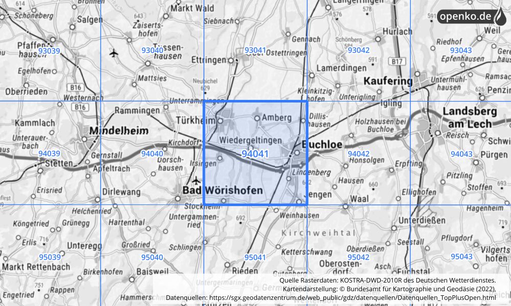 Übersichtskarte KOSTRA-DWD-2010R Rasterfeld Nr. 94041 mit angrenzenden Feldern