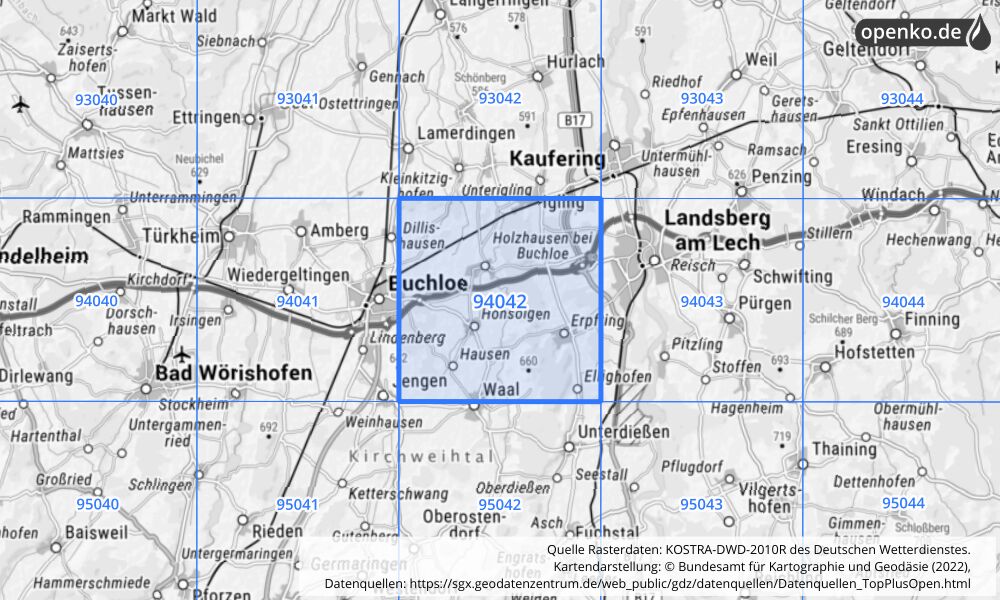 Übersichtskarte KOSTRA-DWD-2010R Rasterfeld Nr. 94042 mit angrenzenden Feldern