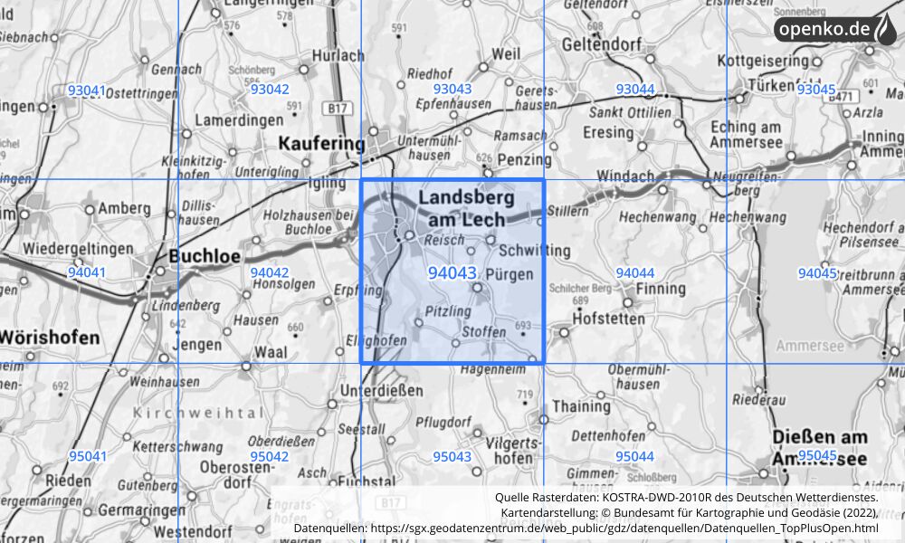 Übersichtskarte KOSTRA-DWD-2010R Rasterfeld Nr. 94043 mit angrenzenden Feldern