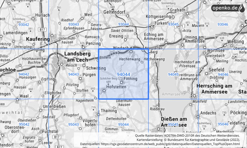 Übersichtskarte KOSTRA-DWD-2010R Rasterfeld Nr. 94044 mit angrenzenden Feldern