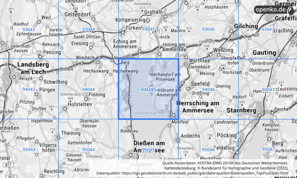 Übersichtskarte KOSTRA-DWD-2010R Rasterfeld Nr. 94045 mit angrenzenden Feldern