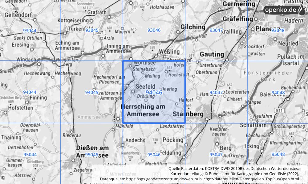 Übersichtskarte KOSTRA-DWD-2010R Rasterfeld Nr. 94046 mit angrenzenden Feldern