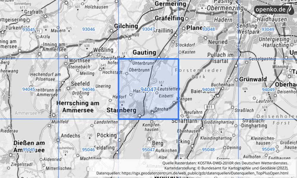 Übersichtskarte KOSTRA-DWD-2010R Rasterfeld Nr. 94047 mit angrenzenden Feldern