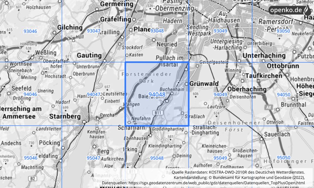 Übersichtskarte KOSTRA-DWD-2010R Rasterfeld Nr. 94048 mit angrenzenden Feldern