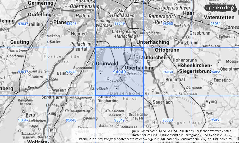 Übersichtskarte KOSTRA-DWD-2010R Rasterfeld Nr. 94049 mit angrenzenden Feldern