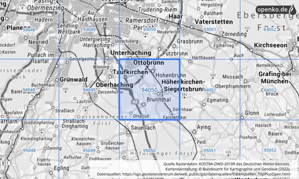 Übersichtskarte KOSTRA-DWD-2010R Rasterfeld Nr. 94050 mit angrenzenden Feldern