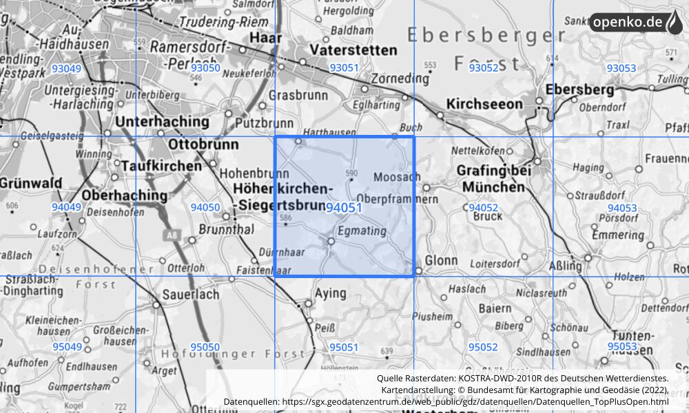 Übersichtskarte KOSTRA-DWD-2010R Rasterfeld Nr. 94051 mit angrenzenden Feldern