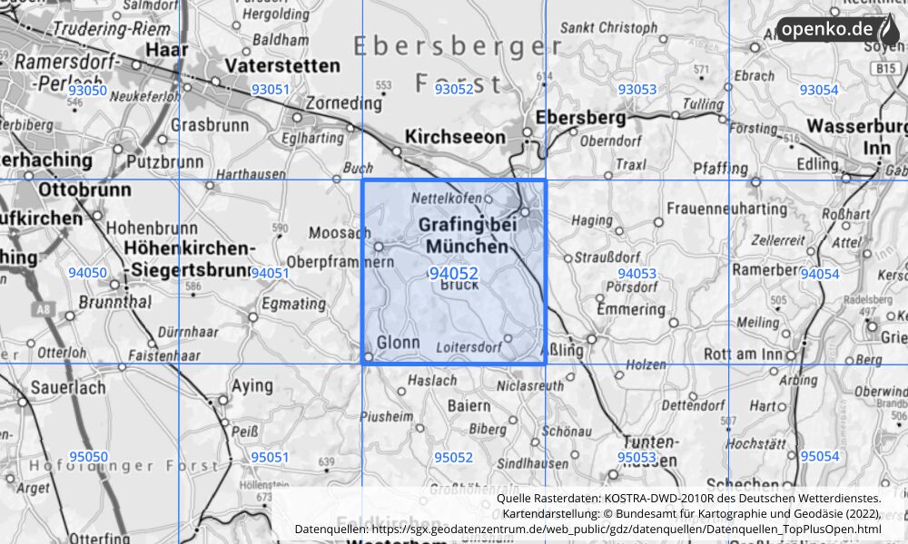 Übersichtskarte KOSTRA-DWD-2010R Rasterfeld Nr. 94052 mit angrenzenden Feldern