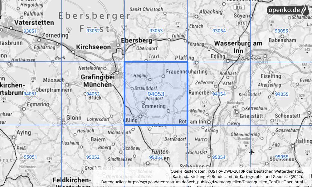 Übersichtskarte KOSTRA-DWD-2010R Rasterfeld Nr. 94053 mit angrenzenden Feldern