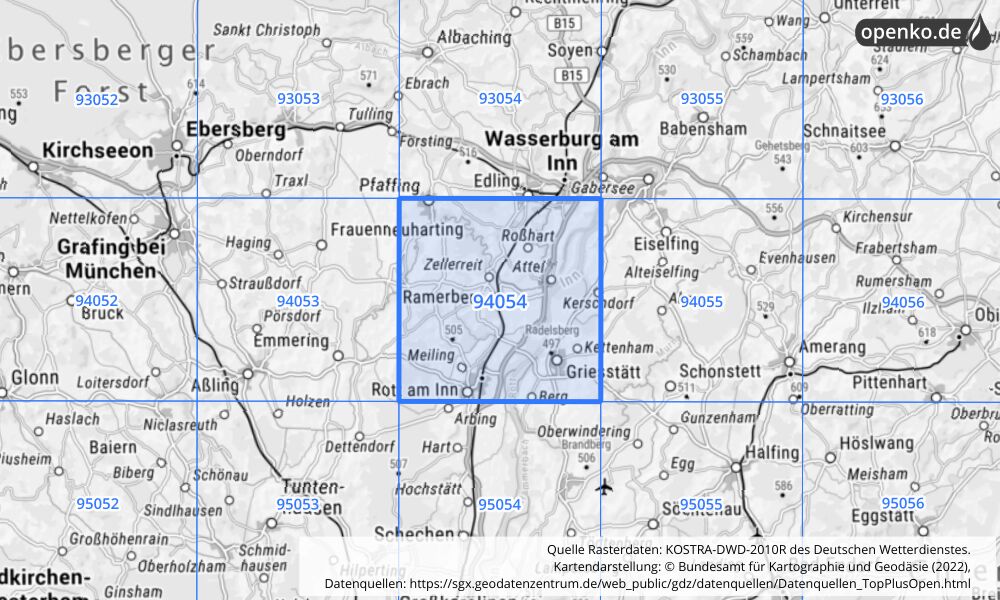 Übersichtskarte KOSTRA-DWD-2010R Rasterfeld Nr. 94054 mit angrenzenden Feldern