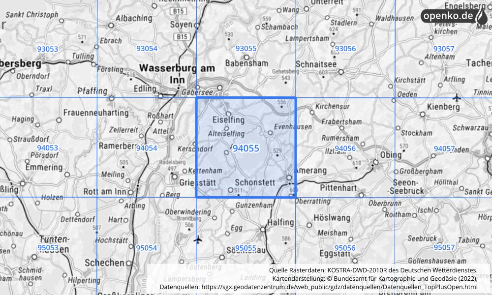 Übersichtskarte KOSTRA-DWD-2010R Rasterfeld Nr. 94055 mit angrenzenden Feldern