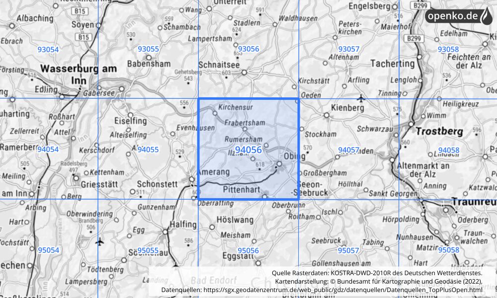 Übersichtskarte KOSTRA-DWD-2010R Rasterfeld Nr. 94056 mit angrenzenden Feldern