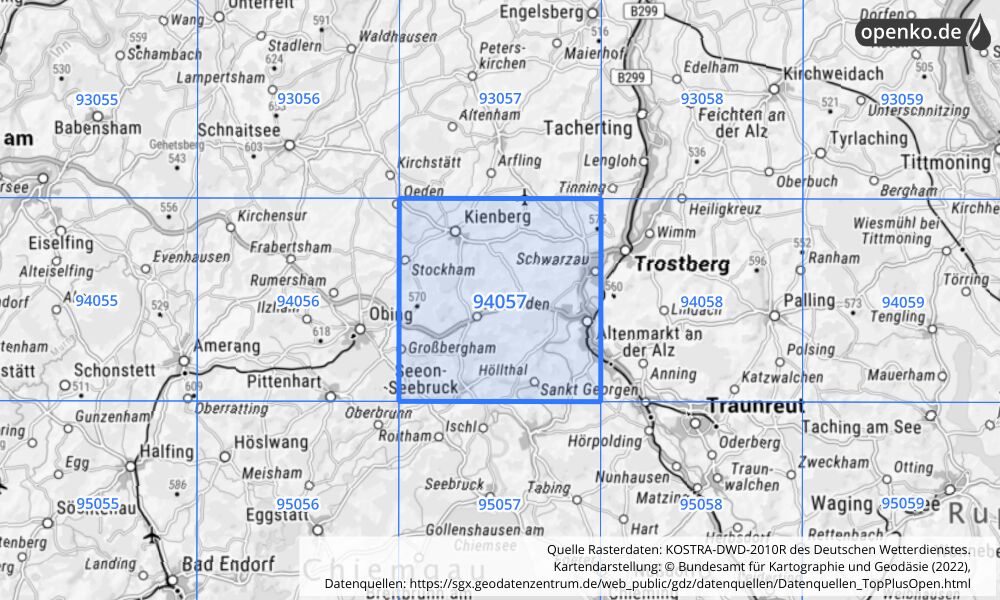 Übersichtskarte KOSTRA-DWD-2010R Rasterfeld Nr. 94057 mit angrenzenden Feldern