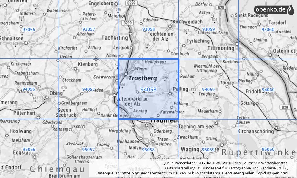 Übersichtskarte KOSTRA-DWD-2010R Rasterfeld Nr. 94058 mit angrenzenden Feldern