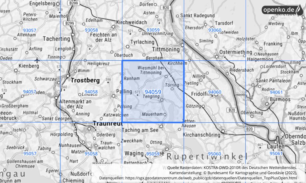 Übersichtskarte KOSTRA-DWD-2010R Rasterfeld Nr. 94059 mit angrenzenden Feldern