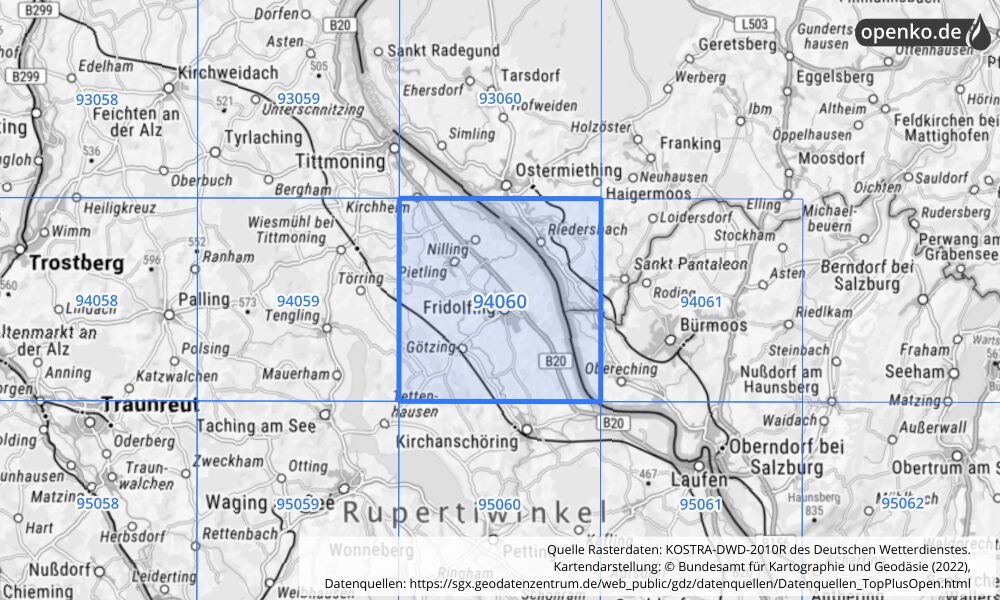 Übersichtskarte KOSTRA-DWD-2010R Rasterfeld Nr. 94060 mit angrenzenden Feldern