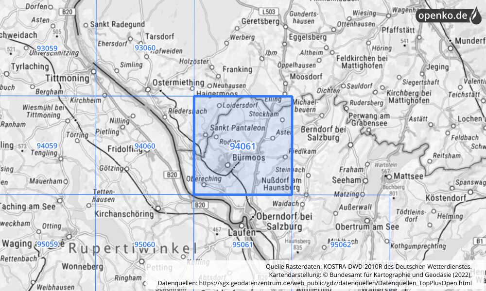 Übersichtskarte KOSTRA-DWD-2010R Rasterfeld Nr. 94061 mit angrenzenden Feldern