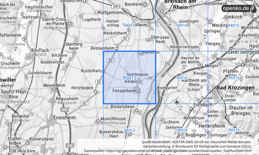 Übersichtskarte KOSTRA-DWD-2010R Rasterfeld Nr. 95013 mit angrenzenden Feldern