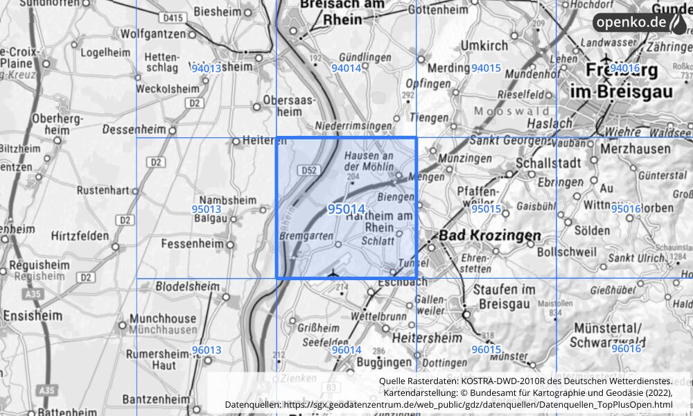 Übersichtskarte KOSTRA-DWD-2010R Rasterfeld Nr. 95014 mit angrenzenden Feldern