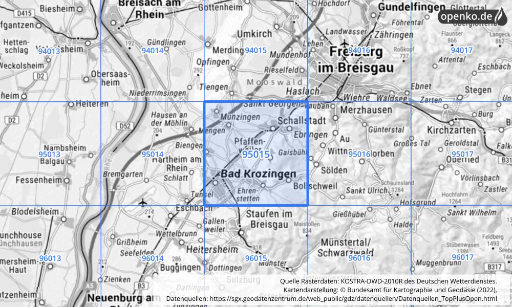 Übersichtskarte KOSTRA-DWD-2010R Rasterfeld Nr. 95015 mit angrenzenden Feldern