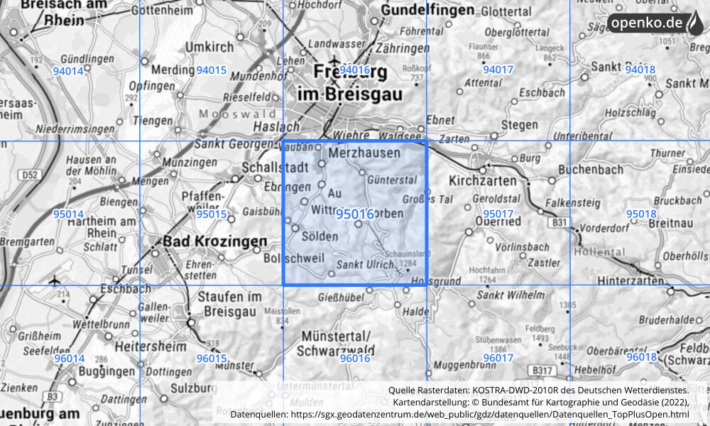 Übersichtskarte KOSTRA-DWD-2010R Rasterfeld Nr. 95016 mit angrenzenden Feldern