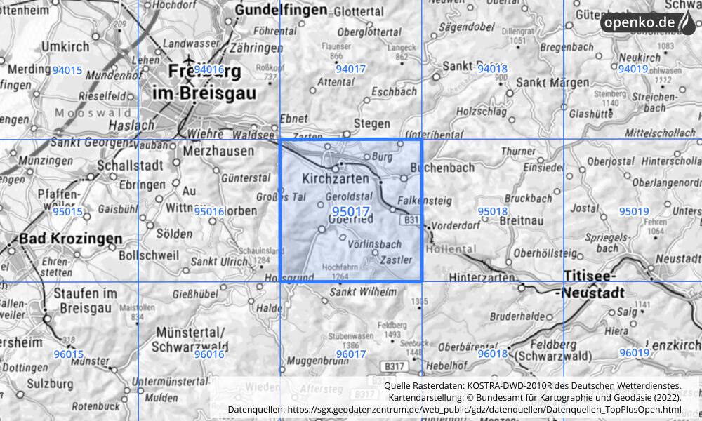 Übersichtskarte KOSTRA-DWD-2010R Rasterfeld Nr. 95017 mit angrenzenden Feldern