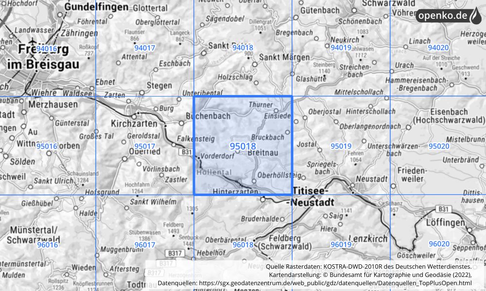 Übersichtskarte KOSTRA-DWD-2010R Rasterfeld Nr. 95018 mit angrenzenden Feldern