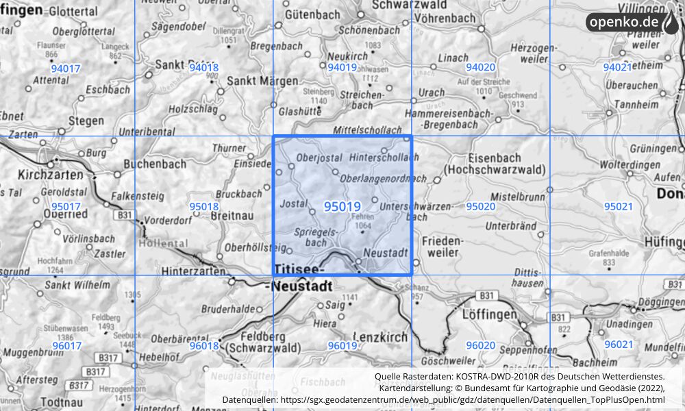 Übersichtskarte KOSTRA-DWD-2010R Rasterfeld Nr. 95019 mit angrenzenden Feldern