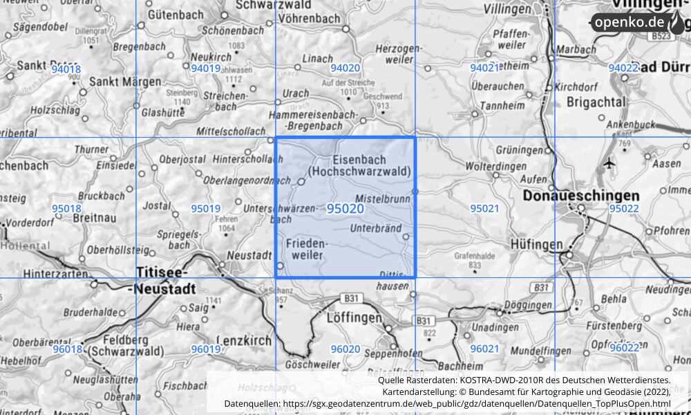 Übersichtskarte KOSTRA-DWD-2010R Rasterfeld Nr. 95020 mit angrenzenden Feldern