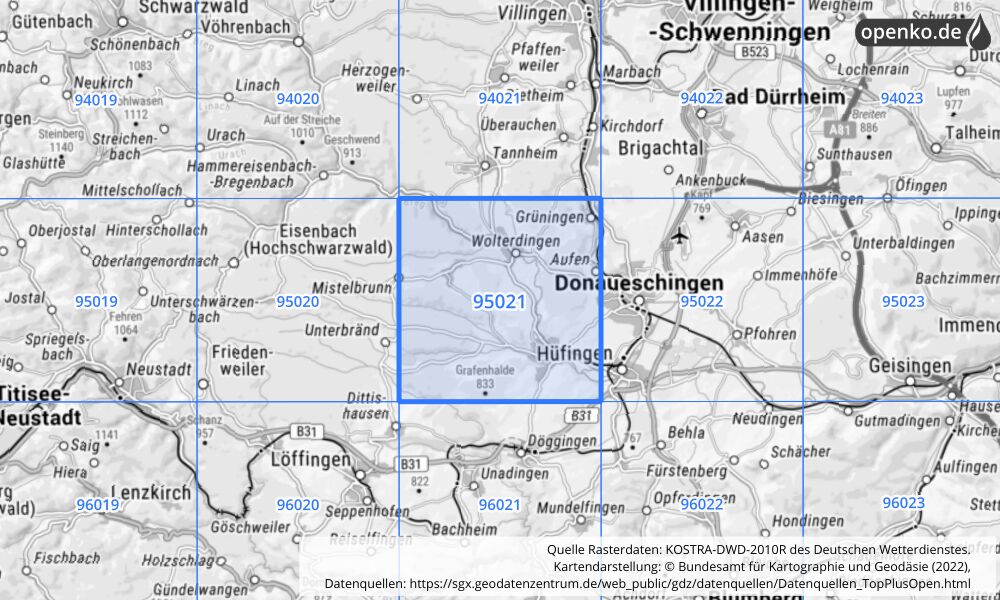 Übersichtskarte KOSTRA-DWD-2010R Rasterfeld Nr. 95021 mit angrenzenden Feldern