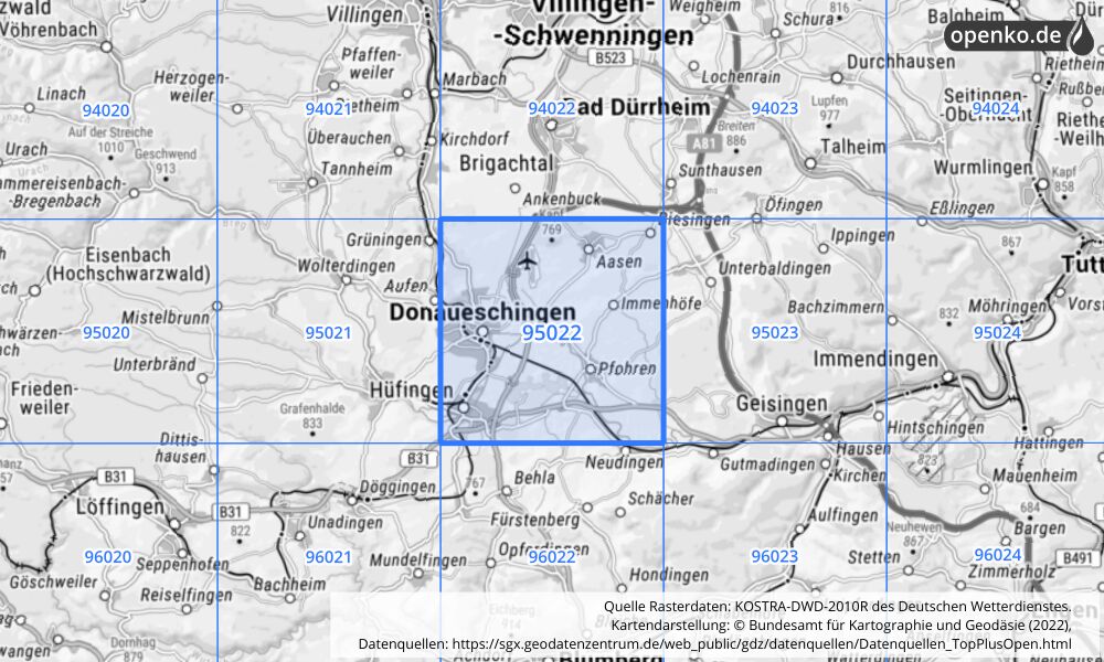 Übersichtskarte KOSTRA-DWD-2010R Rasterfeld Nr. 95022 mit angrenzenden Feldern